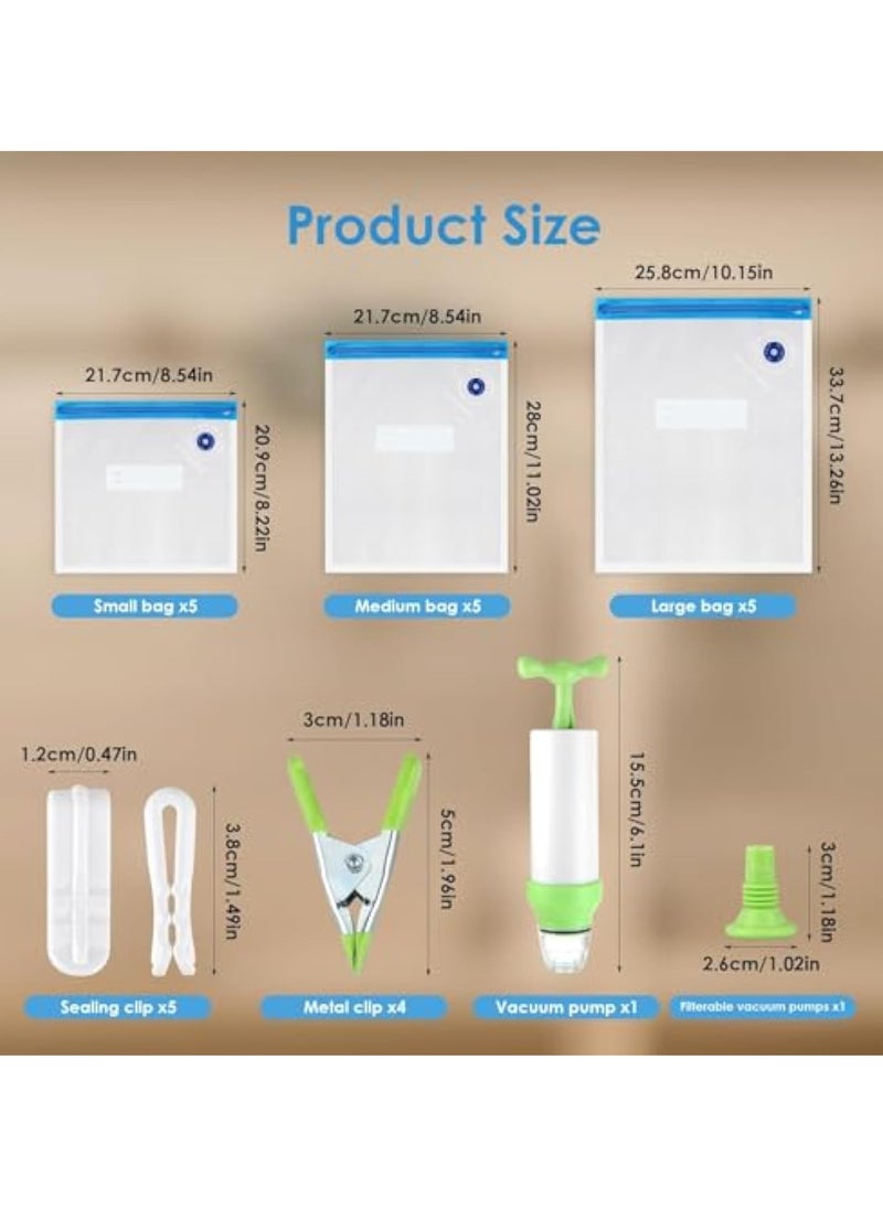 Hihonor - 15 Pieces Reusable Food Vacuum Sealers Bags, with 1 Handheld Pump Bag Kit Portable Vacuum Set 3 Size Sealed Freezer Bag 5 Sealing Clips 4 Green Cooking Tong Vegetables Food Sandwich Storage - Image 1