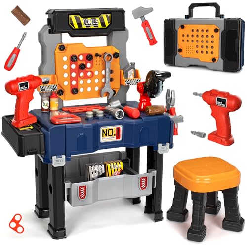 OCHIDO Kids Tool Bench Set with Electric Drill and ChairConstruction Workbench Toys for Toddlers 35Kids Tool Play SetMultifunctional Transformable ToolboxBoy Gift for 3 4 5 Years Old - Image 1