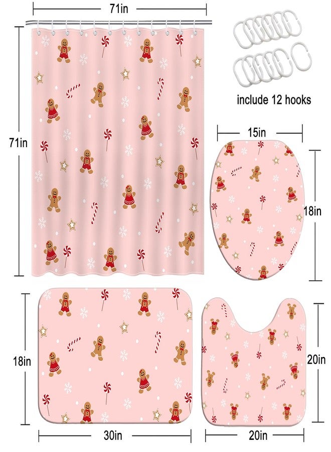 Mocsicka Pink Christmas Shower Curtain Set Xmas Candy Stars Cute Gingerbread-Man Snowflake Christmas Bathroom Decor Accessory Set with Non-Slip Washable Bath Rugs Toilet Lid Cover - Image 2