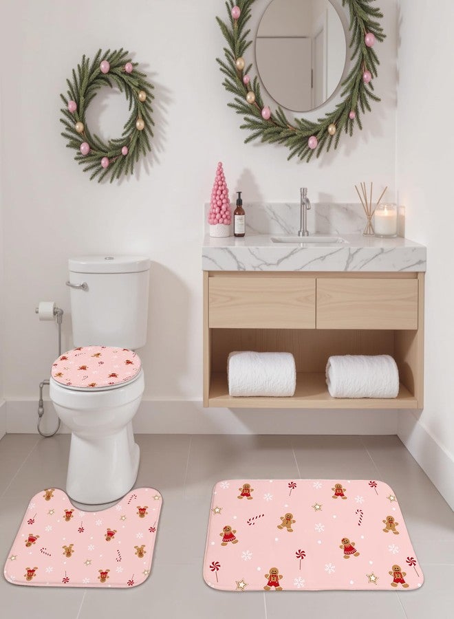 Mocsicka Pink Christmas Shower Curtain Set Xmas Candy Stars Cute Gingerbread-Man Snowflake Christmas Bathroom Decor Accessory Set with Non-Slip Washable Bath Rugs Toilet Lid Cover - Image 4