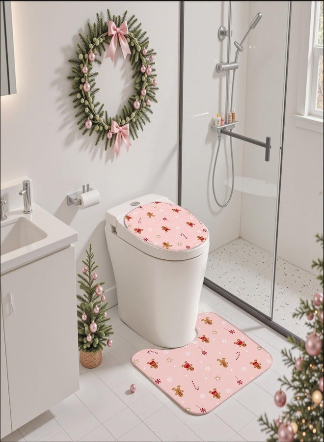 Mocsicka Pink Christmas Shower Curtain Set Xmas Candy Stars Cute Gingerbread-Man Snowflake Christmas Bathroom Decor Accessory Set with Non-Slip Washable Bath Rugs Toilet Lid Cover - Image 5