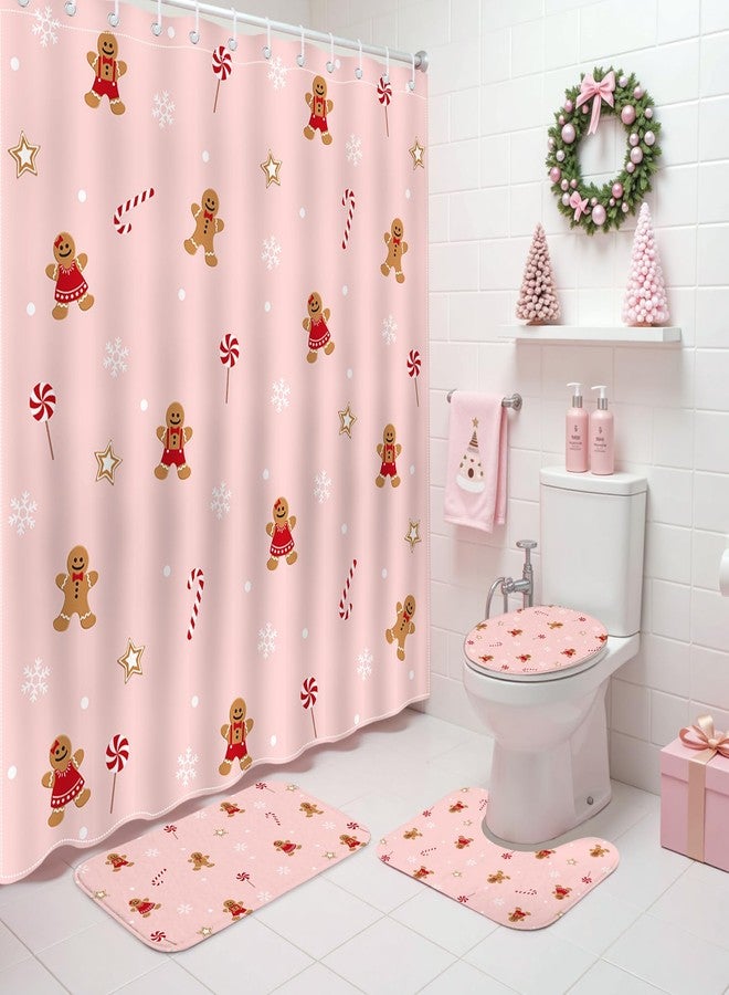 Mocsicka Pink Christmas Shower Curtain Set Xmas Candy Stars Cute Gingerbread-Man Snowflake Christmas Bathroom Decor Accessory Set with Non-Slip Washable Bath Rugs Toilet Lid Cover - Image 1