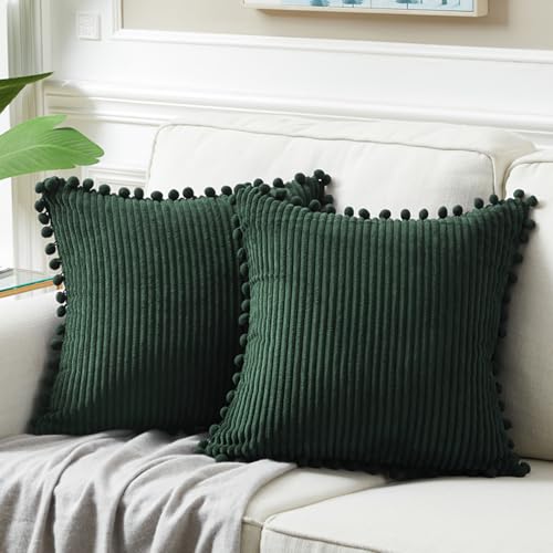 Fancy Homi Set of 2 Dark Green Boho Decorative Throw Pillow Covers 18x18 Inch with Pom-poms for Living Room Couch Bed Sofa Bedroom Indoors, Modern Farmhouse Boho Vintage Army Green Home Decor - Image 1