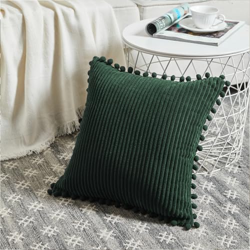 Fancy Homi Set of 2 Dark Green Boho Decorative Throw Pillow Covers 18x18 Inch with Pom-poms for Living Room Couch Bed Sofa Bedroom Indoors, Modern Farmhouse Boho Vintage Army Green Home Decor - Image 2