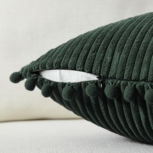 Fancy Homi Set of 2 Dark Green Boho Decorative Throw Pillow Covers 18x18 Inch with Pom-poms for Living Room Couch Bed Sofa Bedroom Indoors, Modern Farmhouse Boho Vintage Army Green Home Decor - Image 3