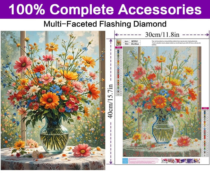 Croshom Diamond Art Kits For Adults - Flowers Diamond Art Painting Kits For Adults Beginners  5D Full Drill Diamonds Painting Crafts For Home Wall Decor 11.8X15.7In  Flowers Vase - Image 4