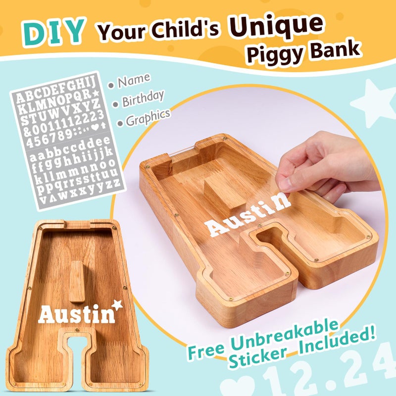 SummiDate Wooden Letter Piggy Bank for Kids| Piggy Bank for Boys Girls Toddler| Alphabet A Money Bank| Personalized Initial Wood Coin Bank Gifts for Birthday, Christmas, Festival, Baby Shower (A) - Image 3