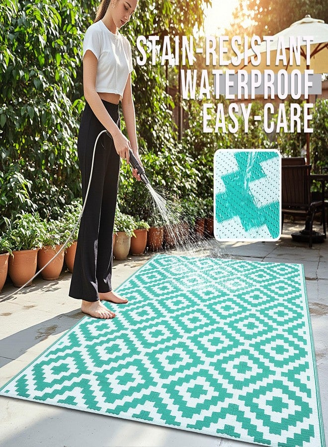 OLANLY Waterproof Outdoor Rug 5x8 ft, Outdoor Plastic Straw Rug for Camping, RV Mat Outside, Outdoor Carpet for Porch, Deck, Backyard, Balcony, Picnic, Turquoise & White - Image 3