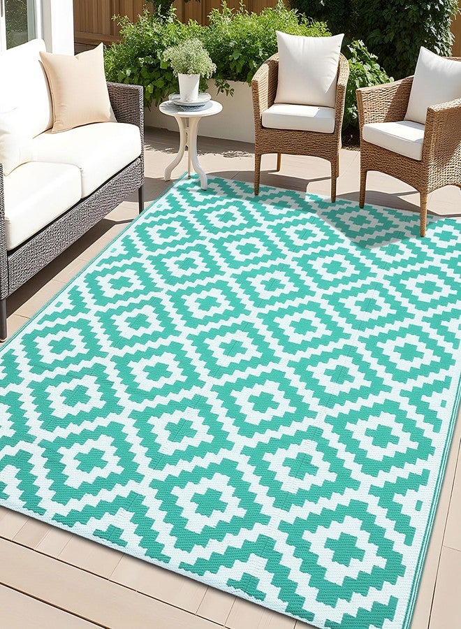 OLANLY Waterproof Outdoor Rug 5x8 ft, Outdoor Plastic Straw Rug for Camping, RV Mat Outside, Outdoor Carpet for Porch, Deck, Backyard, Balcony, Picnic, Turquoise & White - Image 1