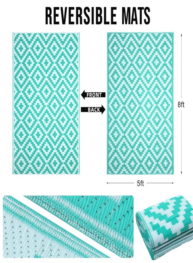 OLANLY Waterproof Outdoor Rug 5x8 ft, Outdoor Plastic Straw Rug for Camping, RV Mat Outside, Outdoor Carpet for Porch, Deck, Backyard, Balcony, Picnic, Turquoise & White - Image 2