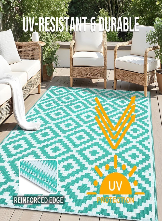 OLANLY Waterproof Outdoor Rug 5x8 ft, Outdoor Plastic Straw Rug for Camping, RV Mat Outside, Outdoor Carpet for Porch, Deck, Backyard, Balcony, Picnic, Turquoise & White - Image 4