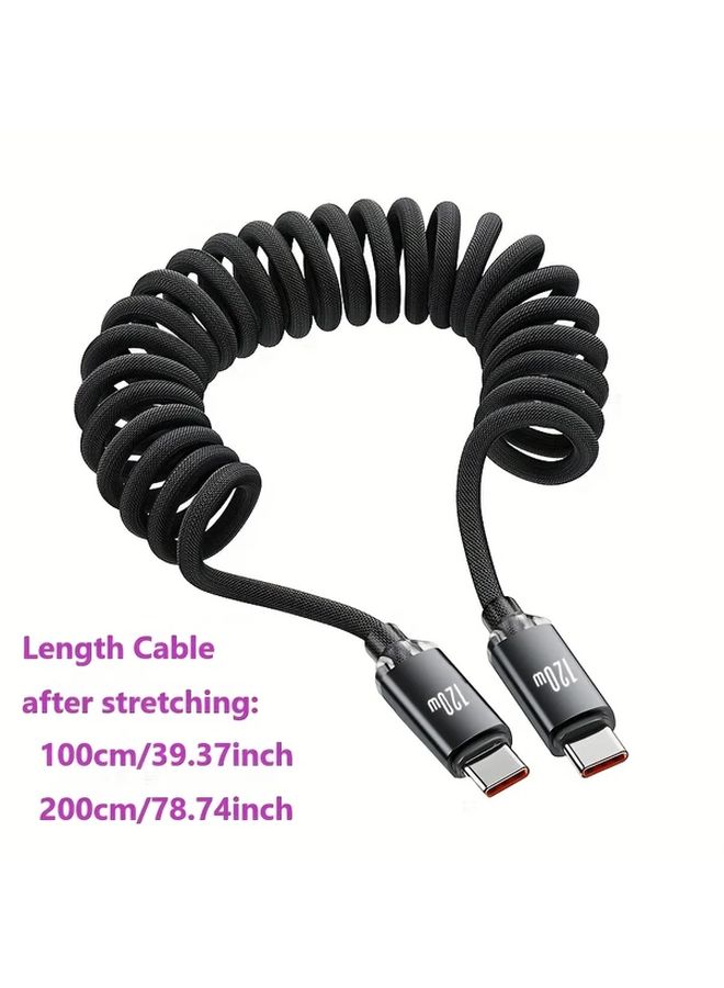 كابل شحن سريع USB C بقوة 120 واط، طول 200 سم، ملف زنبركي قابل للتمدد لأجهزة متعددة - Image 2
