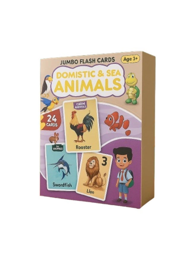 Clicko 24-Piece Jumbo Animal Flash Cards Set for Kids Age 3+ - Domestic, Wild, and Sea Animals Learning Cards for Early Education, Vocabulary Building, and Multilingual Recognition - Image 1