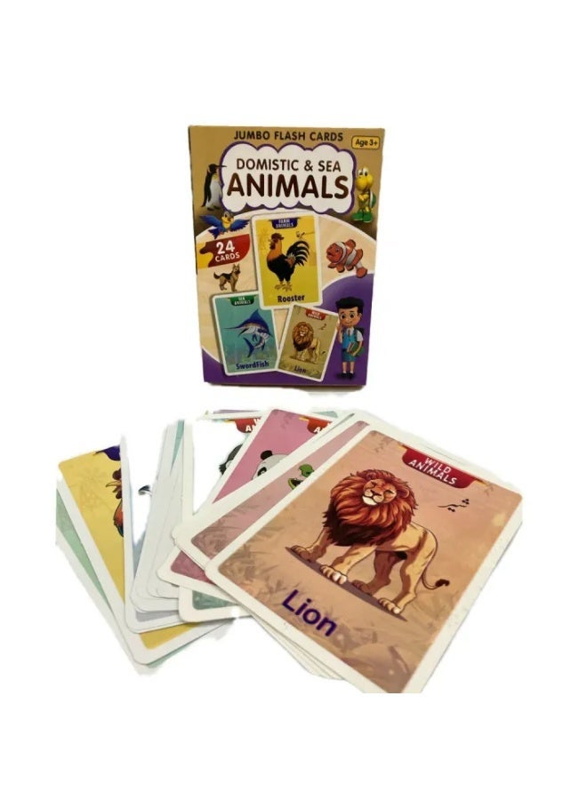 Clicko 24-Piece Jumbo Animal Flash Cards Set for Kids Age 3+ - Domestic, Wild, and Sea Animals Learning Cards for Early Education, Vocabulary Building, and Multilingual Recognition - Image 2