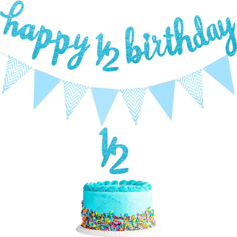 كيلا 6 أشهر لافتة عيد ميلاد مع بريق كعكة توبر ومثلث إكليل العلم للطفل نصف عام عيد ميلاد الديكور - Image 2