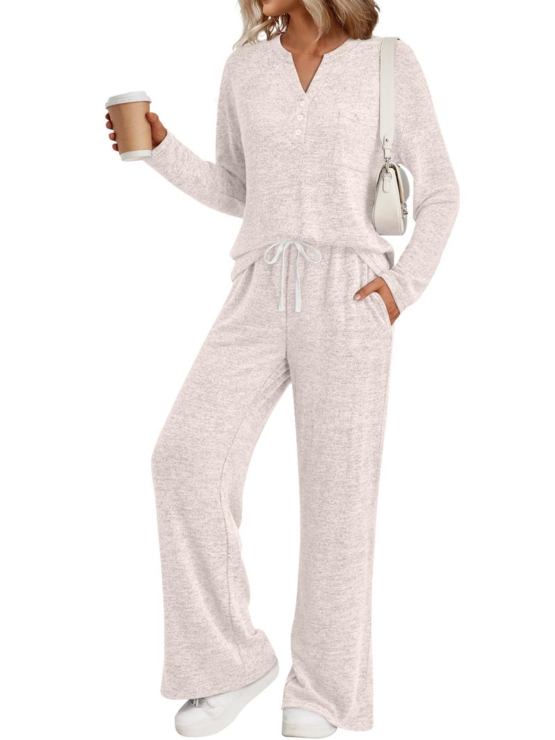 LILLUSORY Womens 2 Piece Lounge Sets Winter Outfits 2026 Sweatsuit Matching Pjs Airport Vacation Travel Fall Pajamas Fashion Apricot M - Image 1