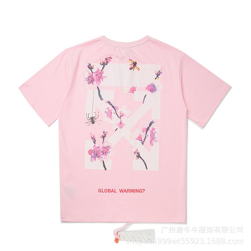 OW flower bee arrow print OFF WHITE high quality round neck large size mens short sleeve t-shirt Pink 