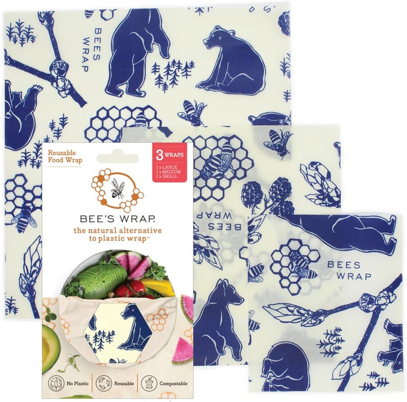 Bee's Wrap Beeswax Wraps for Food - Made in USA Reusable & Organic Food Wraps, Sandwich Wrap & Bowl Covers - Eco-Friendly Alternative to Aluminum Foil & Plastic Wrap, Bee's + Bears 3 Pack (S, M, L) - Image 1