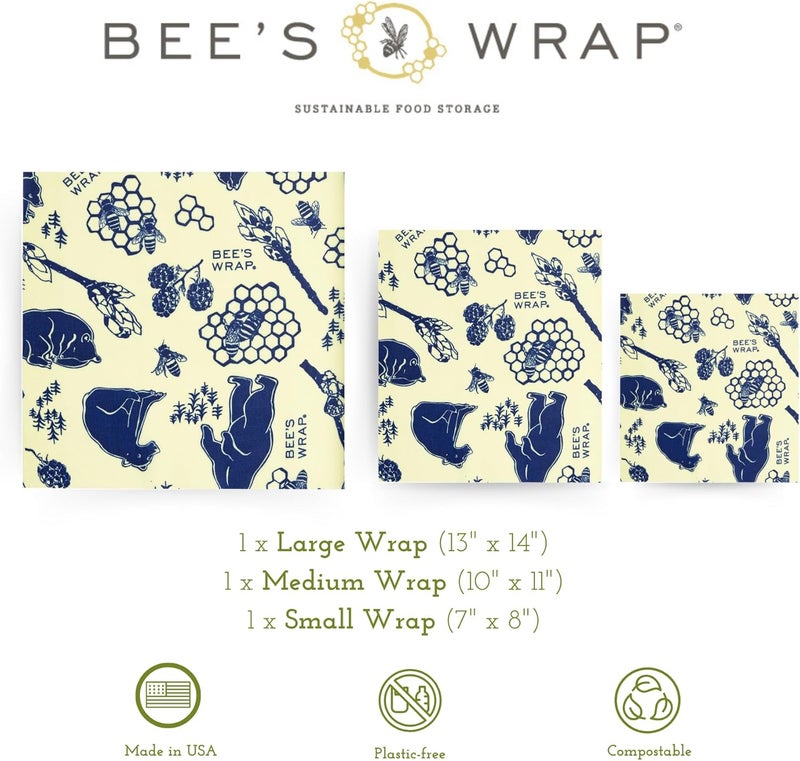 Bee's Wrap Beeswax Wraps for Food - Made in USA Reusable & Organic Food Wraps, Sandwich Wrap & Bowl Covers - Eco-Friendly Alternative to Aluminum Foil & Plastic Wrap, Bee's + Bears 3 Pack (S, M, L) - Image 2