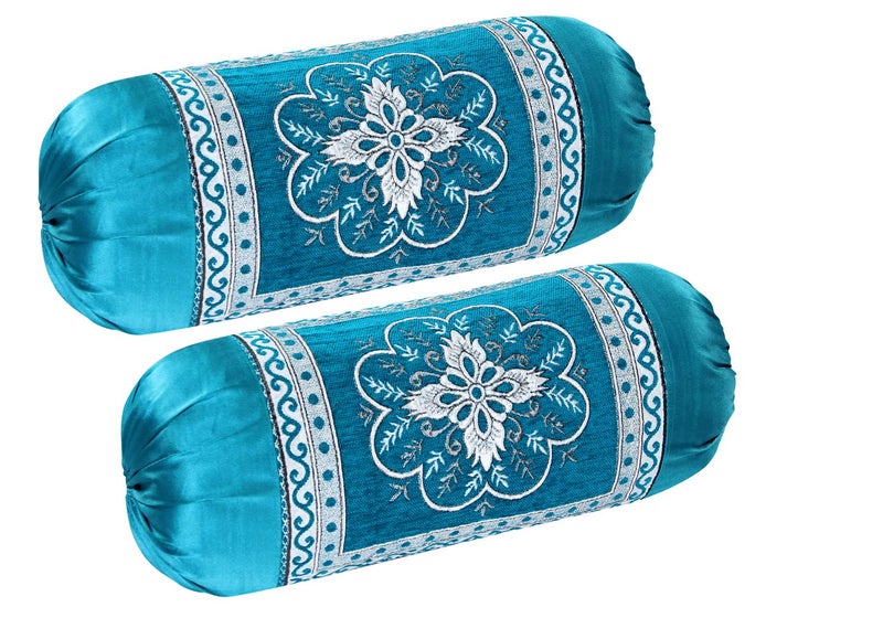 HSR Collection Velvet Floral Chenille Bolster Cover Set - (Sky Blue, 32x16 inches, Standard) - 2 Piece - Image 1