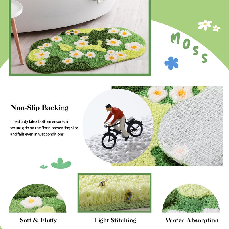 YIKUSH Bathroom Rugs for Living Room Green Moss Rug Cute Bath Mat with Small Flower Non Slip Bath Mats for Bathroom Floral Washable Rug (32x20 inches) - Image 2