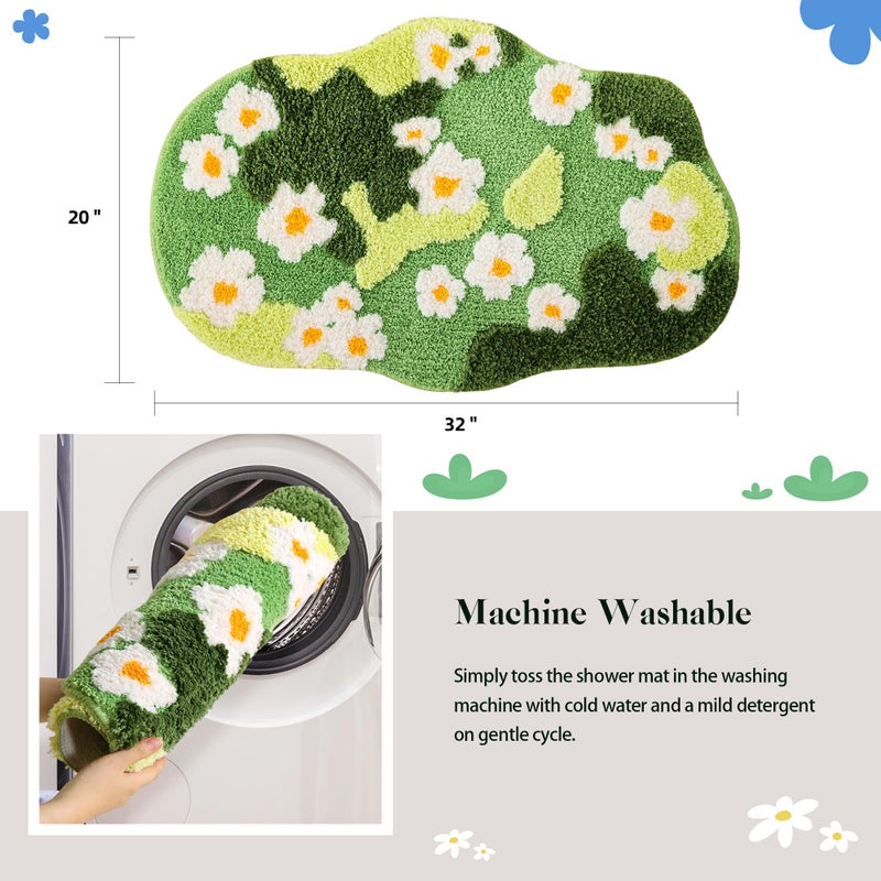 YIKUSH Bathroom Rugs for Living Room Green Moss Rug Cute Bath Mat with Small Flower Non Slip Bath Mats for Bathroom Floral Washable Rug (32x20 inches) - Image 4