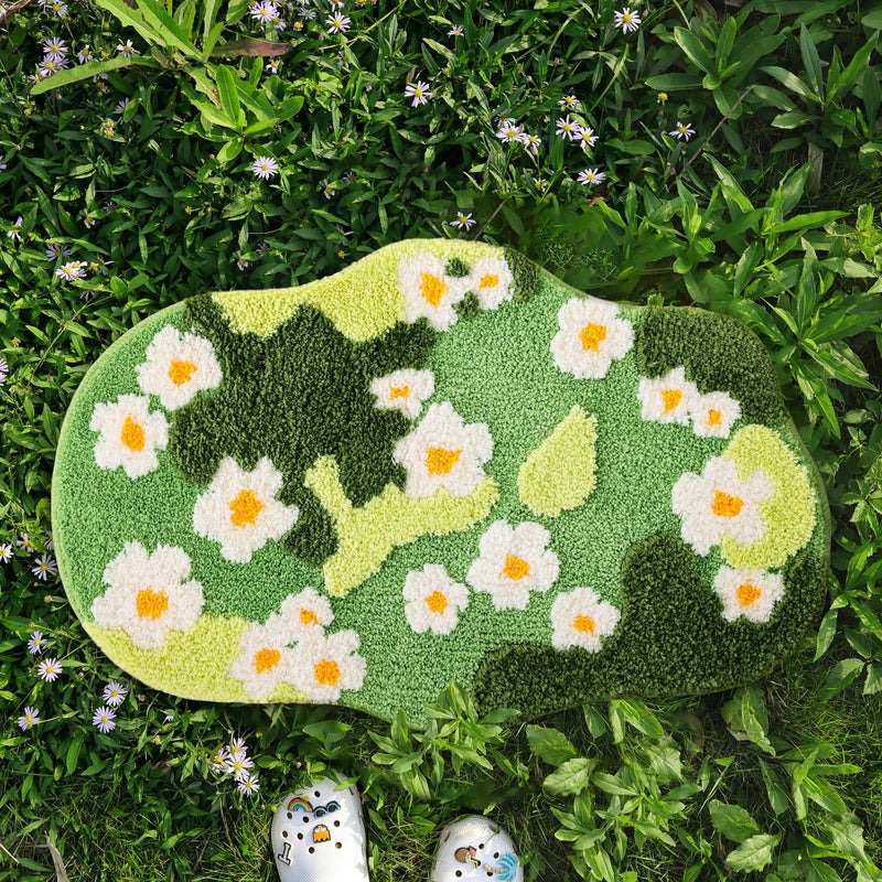 YIKUSH Bathroom Rugs for Living Room Green Moss Rug Cute Bath Mat with Small Flower Non Slip Bath Mats for Bathroom Floral Washable Rug (32x20 inches) - Image 3