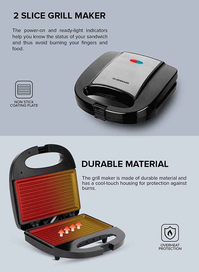 Olsenmark 2 Slice Grill Maker  Sandwich Maker, Bread Toaster, Non-Stick Plates for Easy Release and Quick Cleanup, 750 W OMGM2320 Black - Image 2