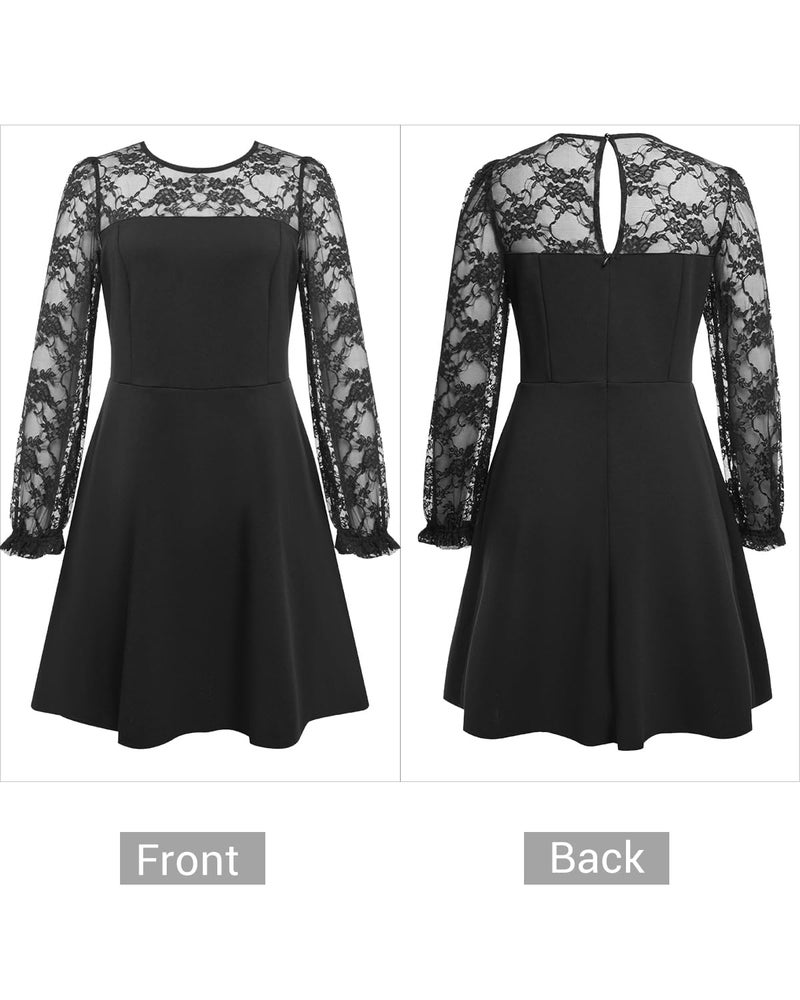 Holipick Black Long Sleeve Dress Lace Cocktail Wedding Guest Little Black Funeral Semi Formal A line Short Dresses XL - Image 4
