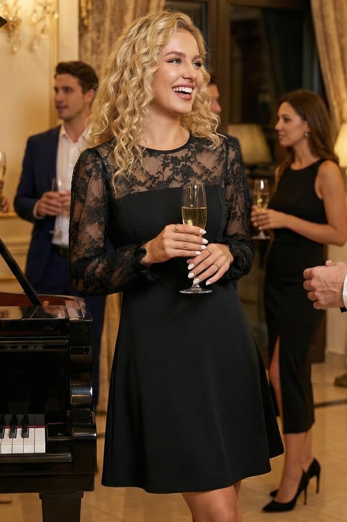 Holipick Black Long Sleeve Dress Lace Cocktail Wedding Guest Little Black Funeral Semi Formal A line Short Dresses XL - Image 3
