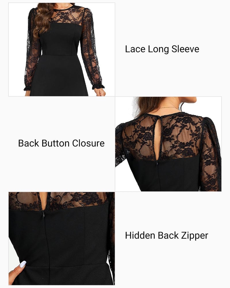 Holipick Black Long Sleeve Dress Lace Cocktail Wedding Guest Little Black Funeral Semi Formal A line Short Dresses XL - Image 5