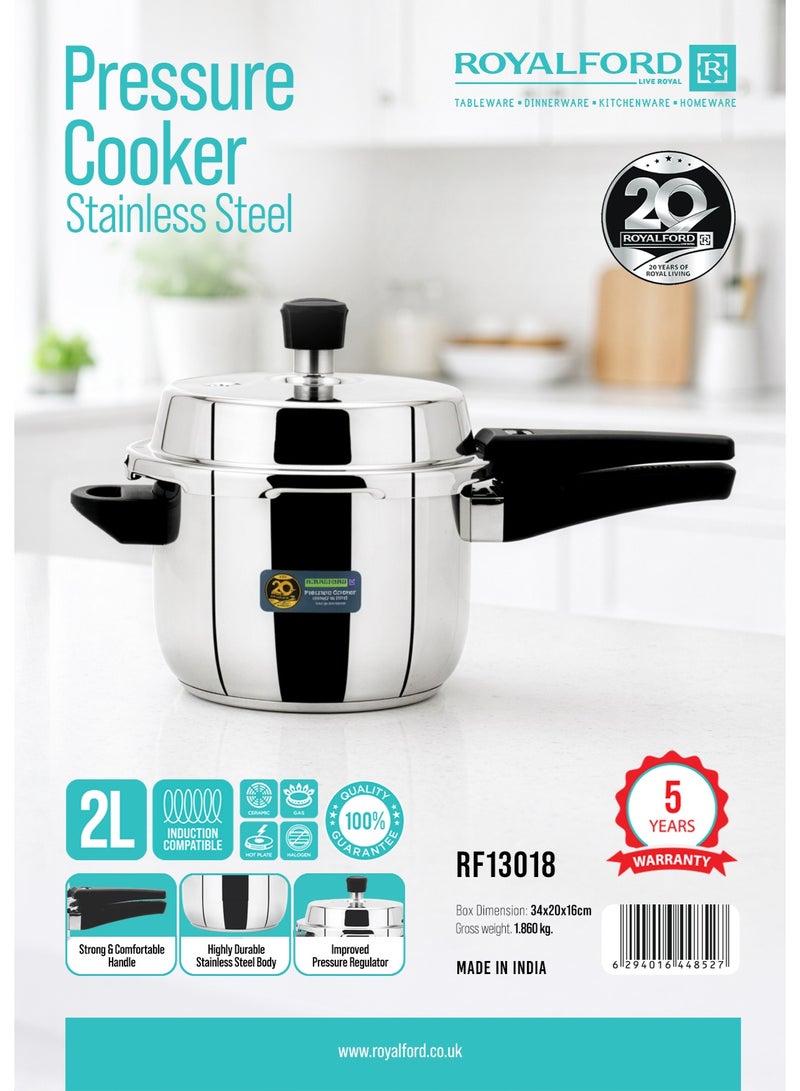 Royalford 2L Stainless Steel Pressure Cooker RF13018 Faster Cooking, Comfortable Handle Compatible with Induction, Gas, Hotplate, Ceramic and Halogen Cooktops - Image 2