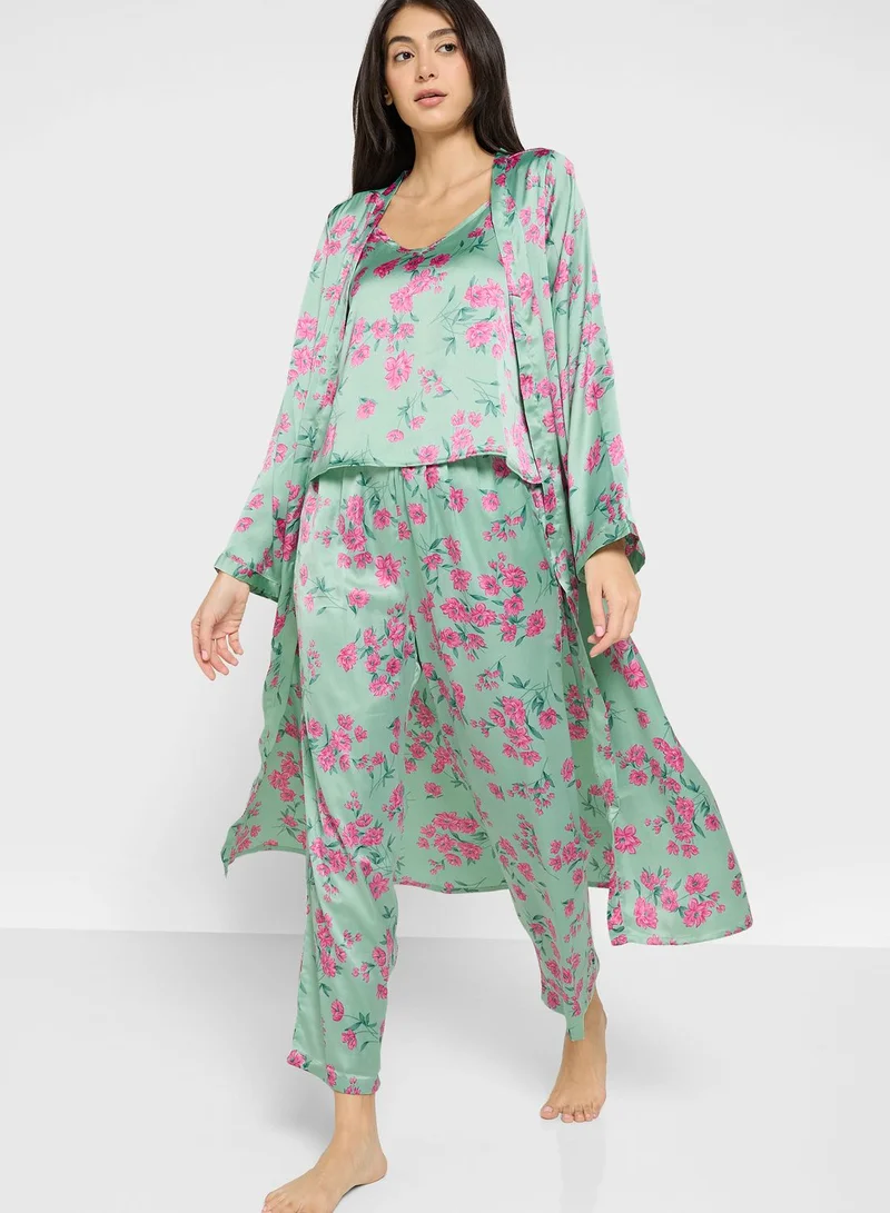ELLA 4Pc Pyjama Set Cami Top With Night Robe, Short & Pant