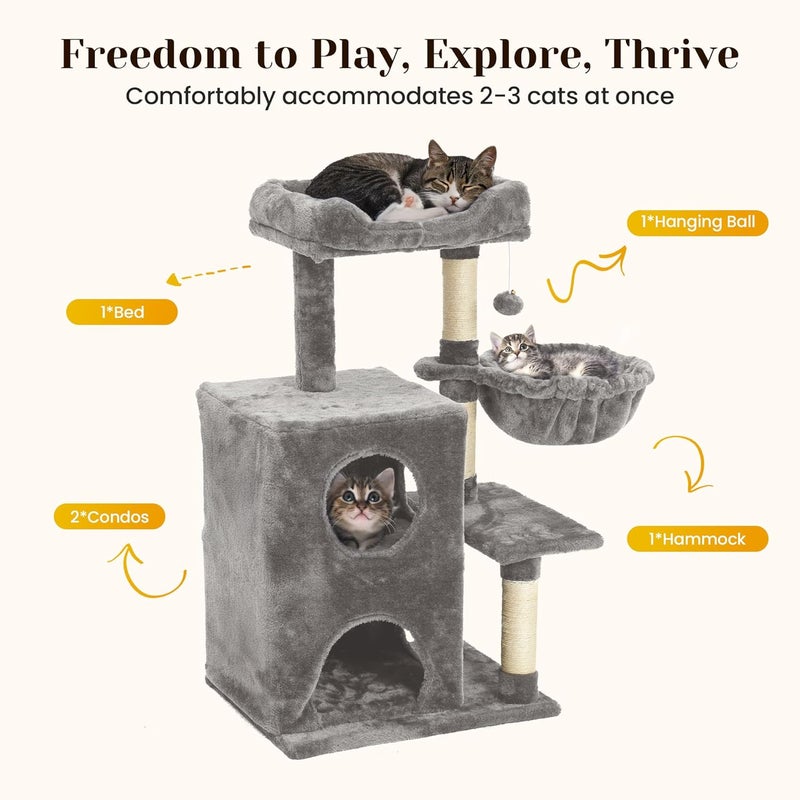 FansaFurn Medium Cat Tree with Scratching Posts, Cat Bed, Hammocks & Condos – Multi-Level Cat Tower for Playful Cats, 35.8" Modern Jungle Gym, Grey - Image 5