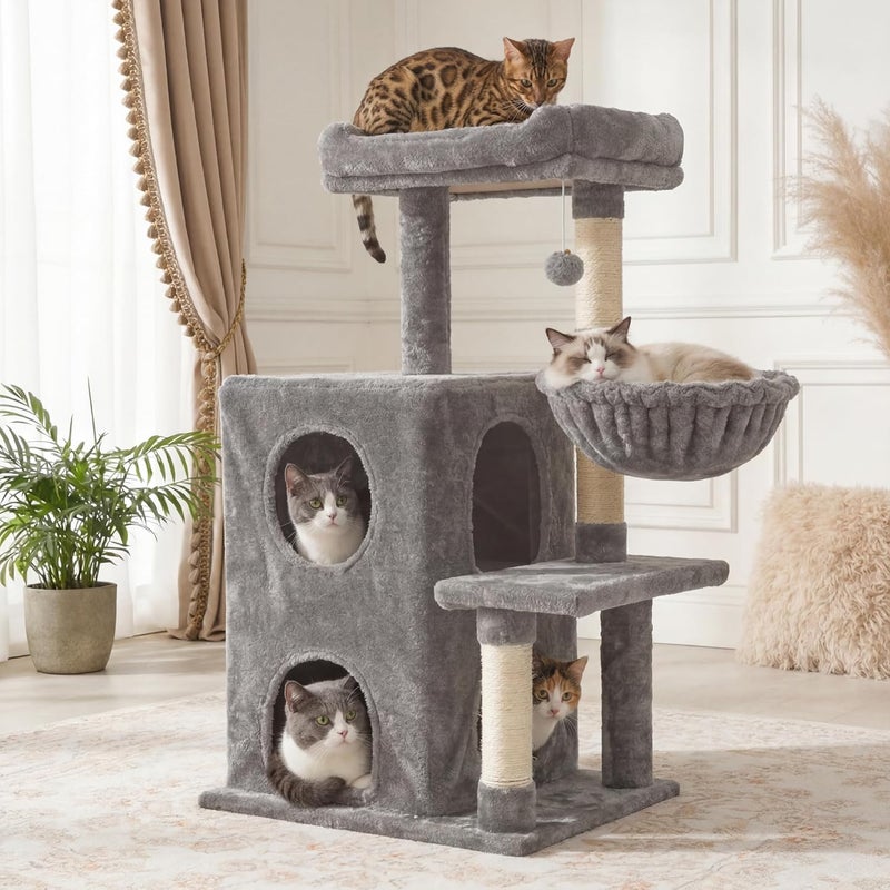 FansaFurn Medium Cat Tree with Scratching Posts, Cat Bed, Hammocks & Condos – Multi-Level Cat Tower for Playful Cats, 35.8" Modern Jungle Gym, Grey - Image 1