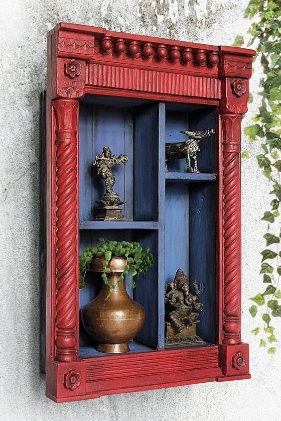 J.L.HOME DECOR JLHOME DECOR Vintage Red Hand Carved Wooden Wall Shelf Cabinet  - Image 1