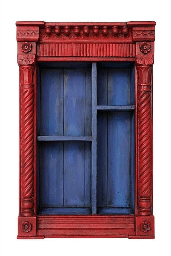 J.L.HOME DECOR JLHOME DECOR Vintage Red Hand Carved Wooden Wall Shelf Cabinet  - Image 2