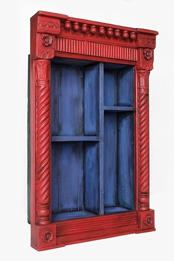 J.L.HOME DECOR JLHOME DECOR Vintage Red Hand Carved Wooden Wall Shelf Cabinet  - Image 3