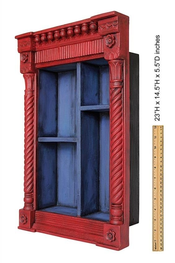 J.L.HOME DECOR JLHOME DECOR Vintage Red Hand Carved Wooden Wall Shelf Cabinet  - Image 4