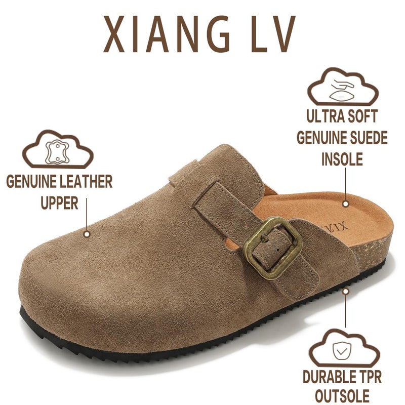 XIANGLV Women's Suede Clogs Leather Mules Comfort Cork Footbed Sandals Potato Shoes with Arch Support Brown - Image 3