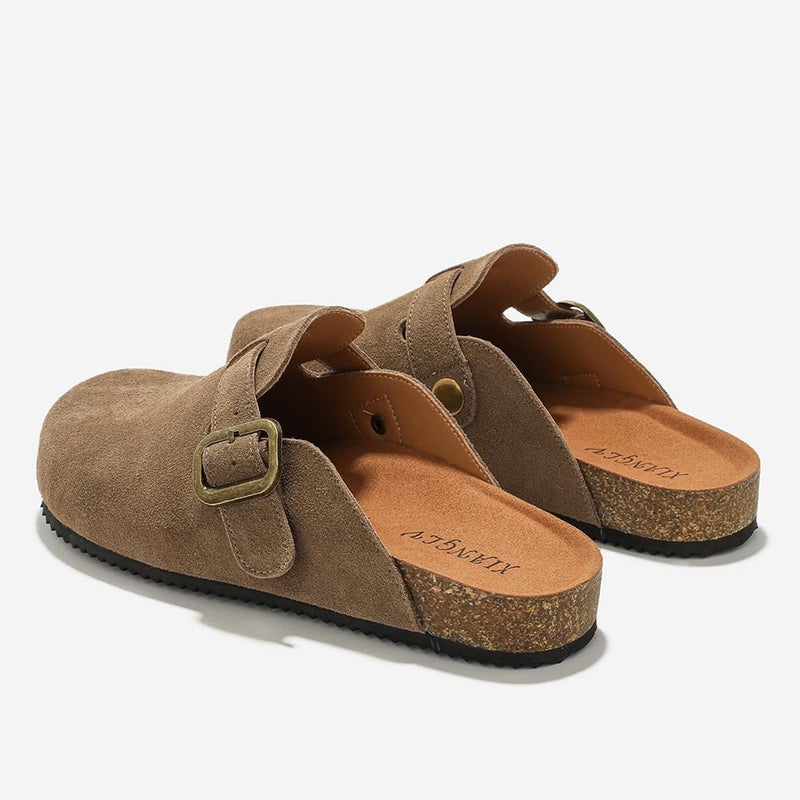 XIANGLV Women's Suede Clogs Leather Mules Comfort Cork Footbed Sandals Potato Shoes with Arch Support Brown - Image 5