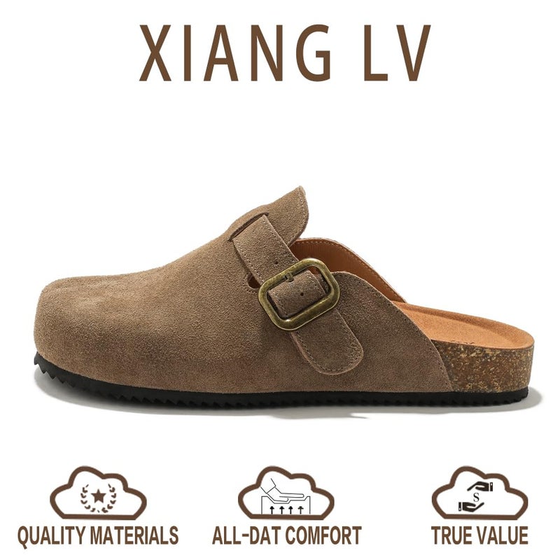 XIANGLV Women's Suede Clogs Leather Mules Comfort Cork Footbed Sandals Potato Shoes with Arch Support Brown - Image 2