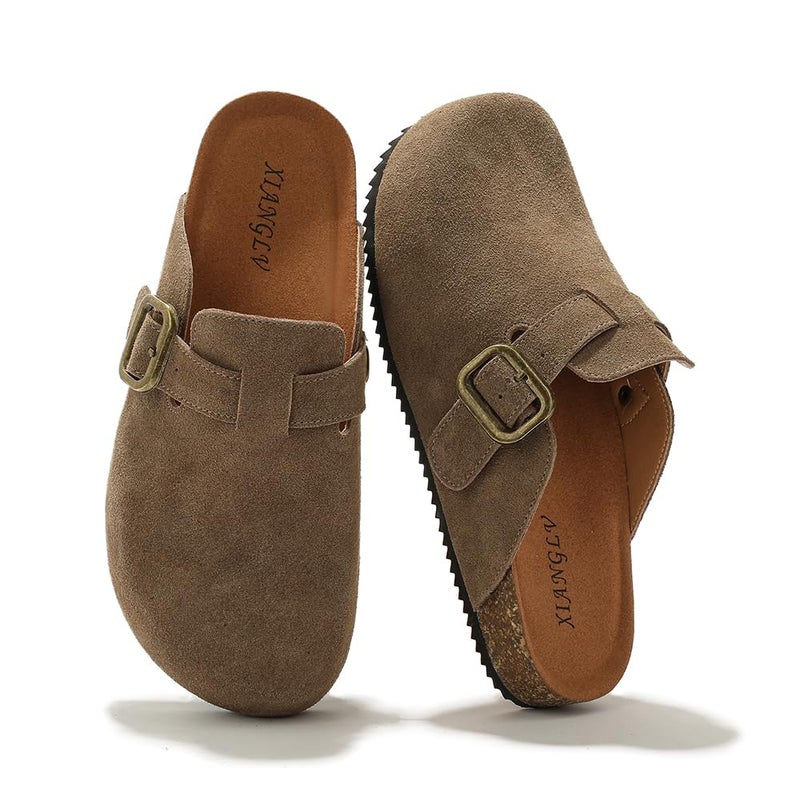XIANGLV Women's Suede Clogs Leather Mules Comfort Cork Footbed Sandals Potato Shoes with Arch Support Brown - Image 1