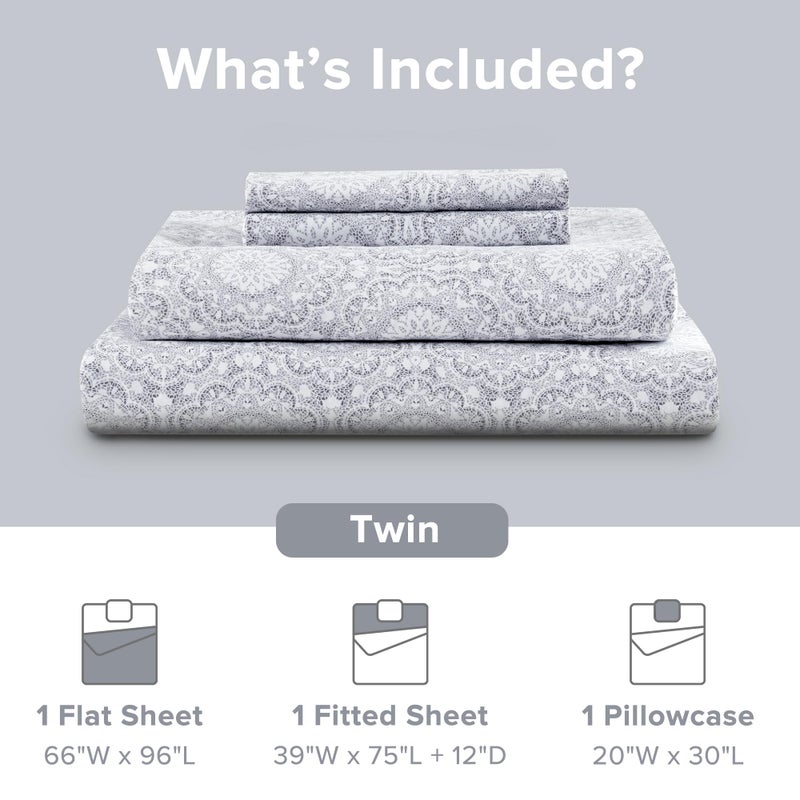 Comfort Spaces 100% Cotton Sheet Set Breathable, Lightweight, Soft with 12" Elastic Pocket Fits up to 14" Mattress, All Season Cozy Bedding, Matching Pillow Case, Twin Adelia Gray 3 Piece - Image 2