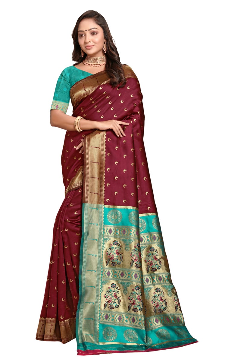C J Enterprise Women's Banarasi Saree Pure Kanjivaram Silk Saree Soft Design Wear Pattu Sarees Latest Cotton With Blouse Piece for Wedding sadi new ladies 2025 (Chand paithani) (Maroon-Rama) - Image 1