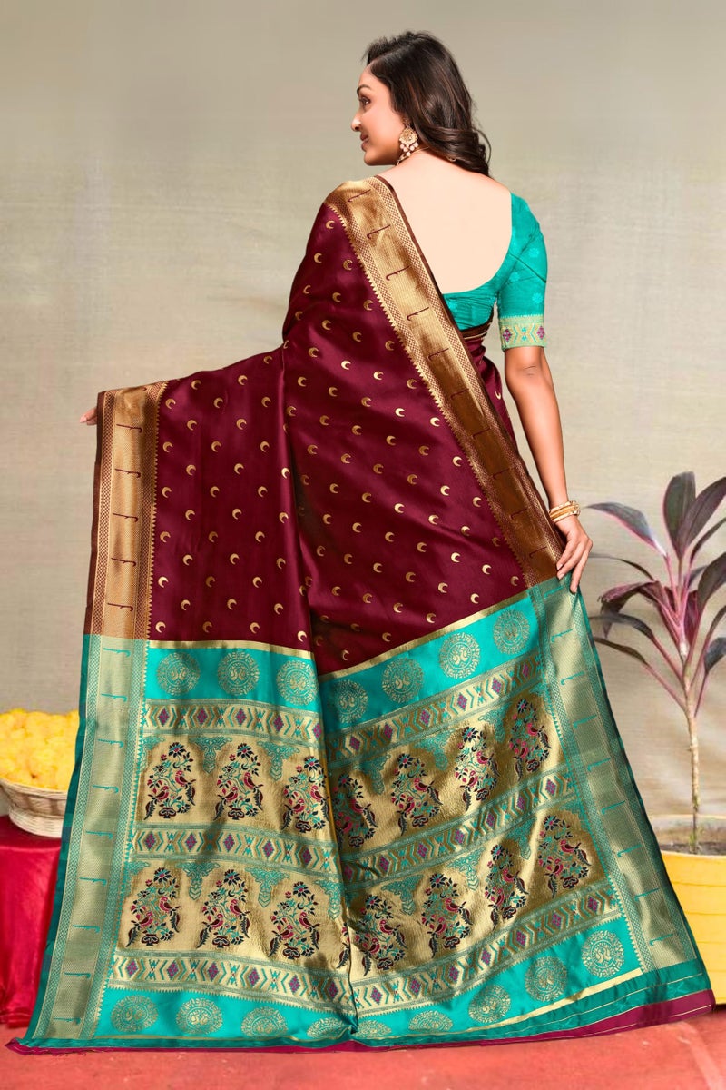 C J Enterprise Women's Banarasi Saree Pure Kanjivaram Silk Saree Soft Design Wear Pattu Sarees Latest Cotton With Blouse Piece for Wedding sadi new ladies 2025 (Chand paithani) (Maroon-Rama) - Image 2