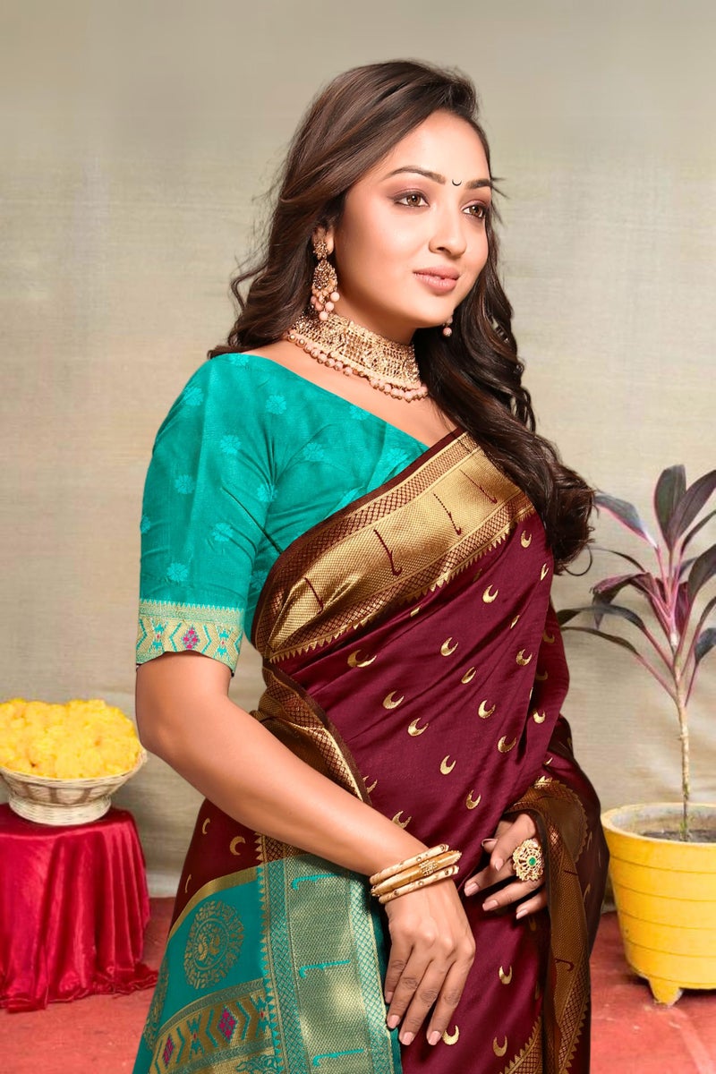 C J Enterprise Women's Banarasi Saree Pure Kanjivaram Silk Saree Soft Design Wear Pattu Sarees Latest Cotton With Blouse Piece for Wedding sadi new ladies 2025 (Chand paithani) (Maroon-Rama) - Image 5