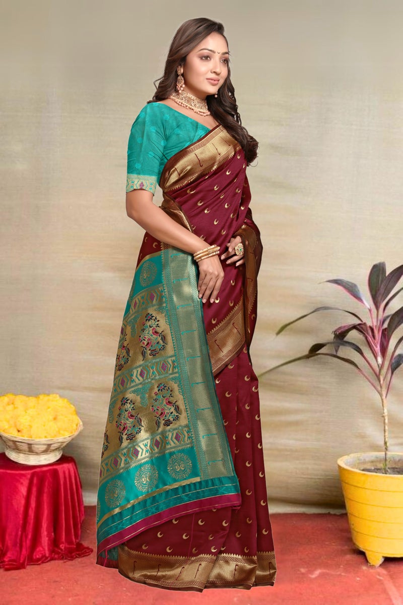 C J Enterprise Women's Banarasi Saree Pure Kanjivaram Silk Saree Soft Design Wear Pattu Sarees Latest Cotton With Blouse Piece for Wedding sadi new ladies 2025 (Chand paithani) (Maroon-Rama) - Image 4