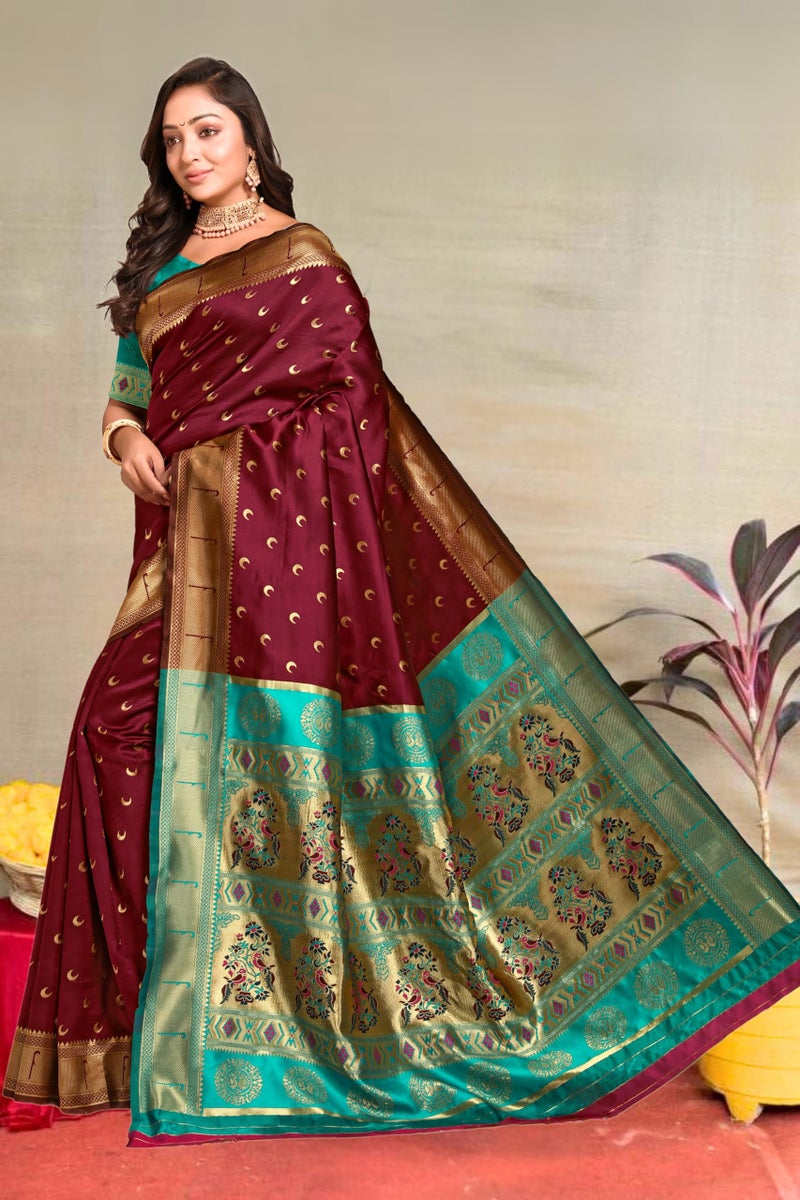 C J Enterprise Women's Banarasi Saree Pure Kanjivaram Silk Saree Soft Design Wear Pattu Sarees Latest Cotton With Blouse Piece for Wedding sadi new ladies 2025 (Chand paithani) (Maroon-Rama) - Image 3
