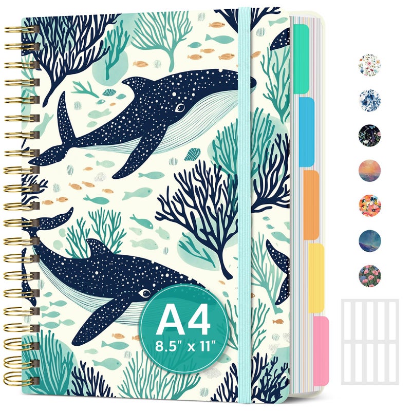 Taja Large Spiral Lined Notebooks for Work with Removable Dividers & Tabs, 8.5"x11" Pretty Hardcover 5 Subject Notebook Journal for Women, College Ruled, Perfect for Study & Office Organization, 280 Pages,Drifting Whales - Image 1